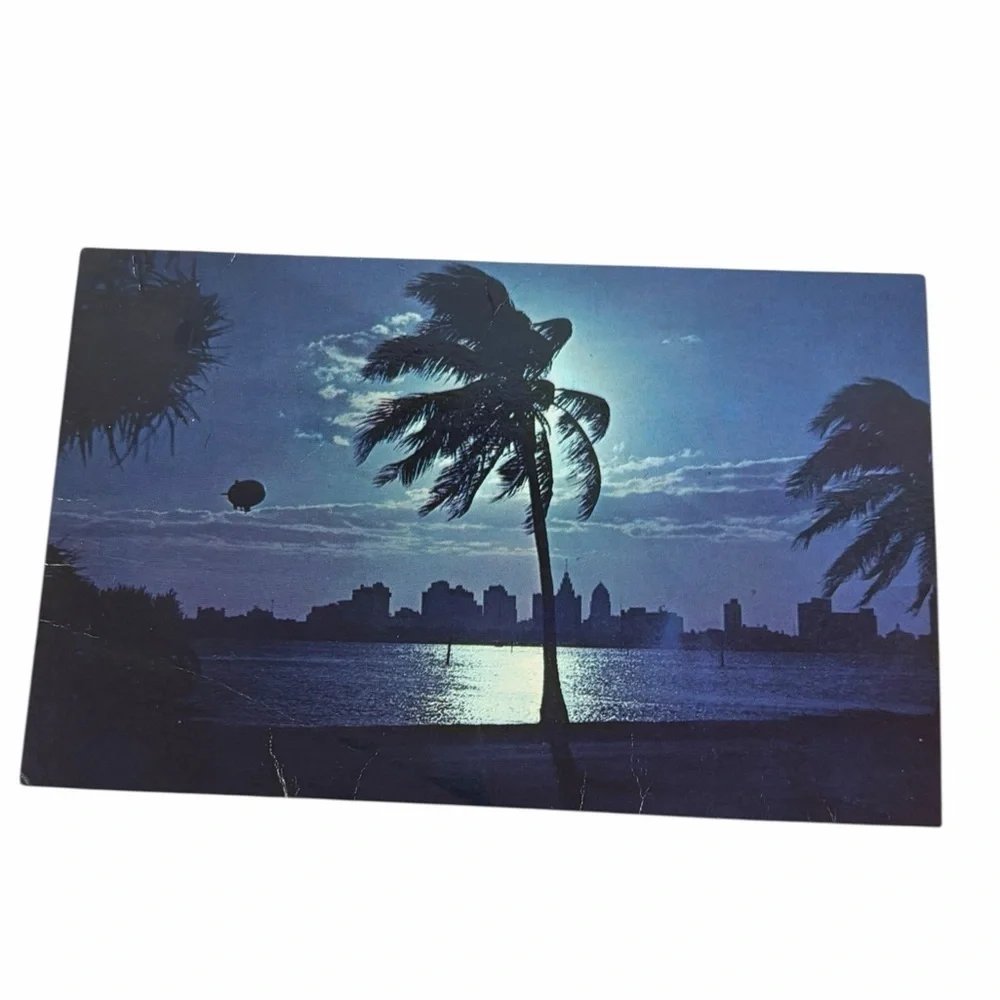 Vintage Miami Florida Skyline Postcard Night Blimp Moon Palm Trees